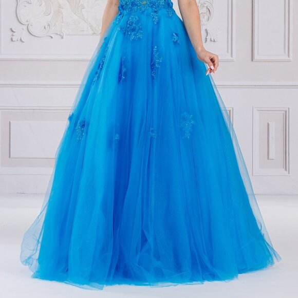 NEW LONG OFF SHOULDER SLEEVELESS A-LINE MESH DRESS EMBROIDERED WITH LACE AC 7035 - Picture 9 of 9